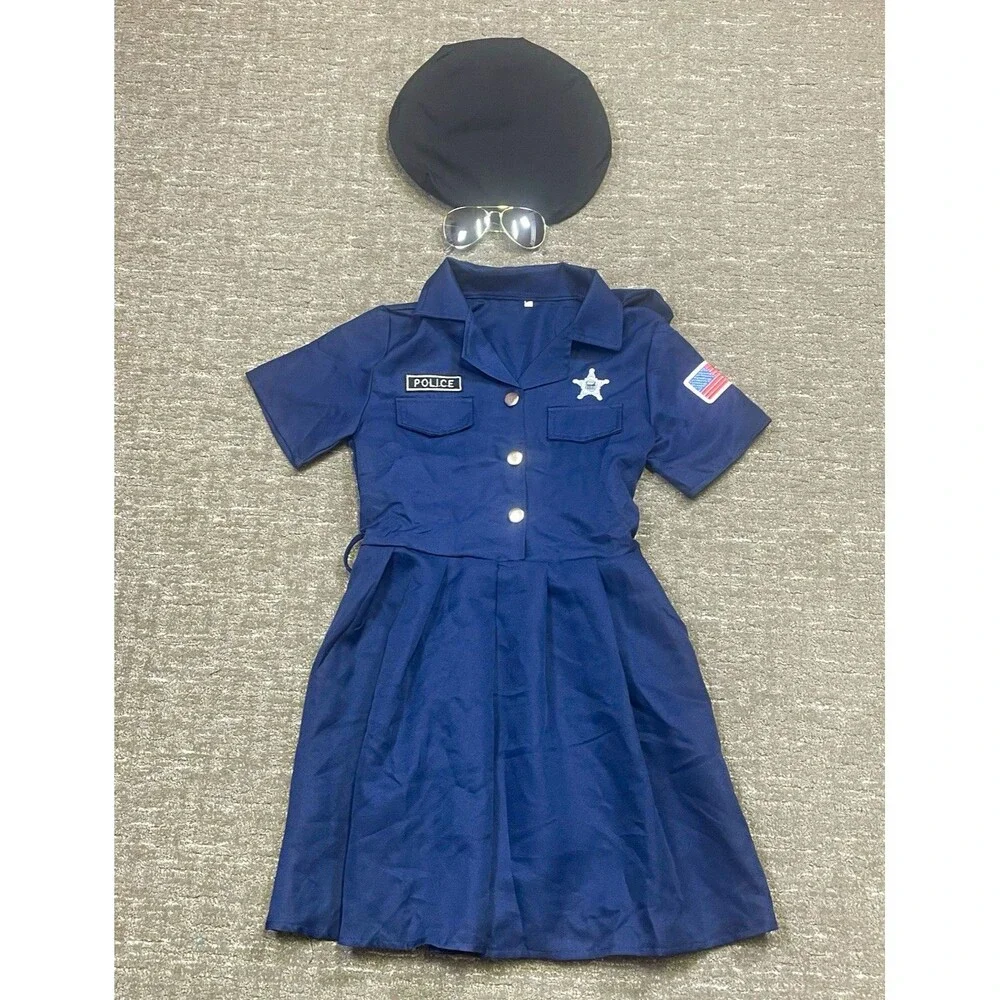 Girls Police Officer Costume Blue Dress w/ Hat & Sunglasses XL Halloween
